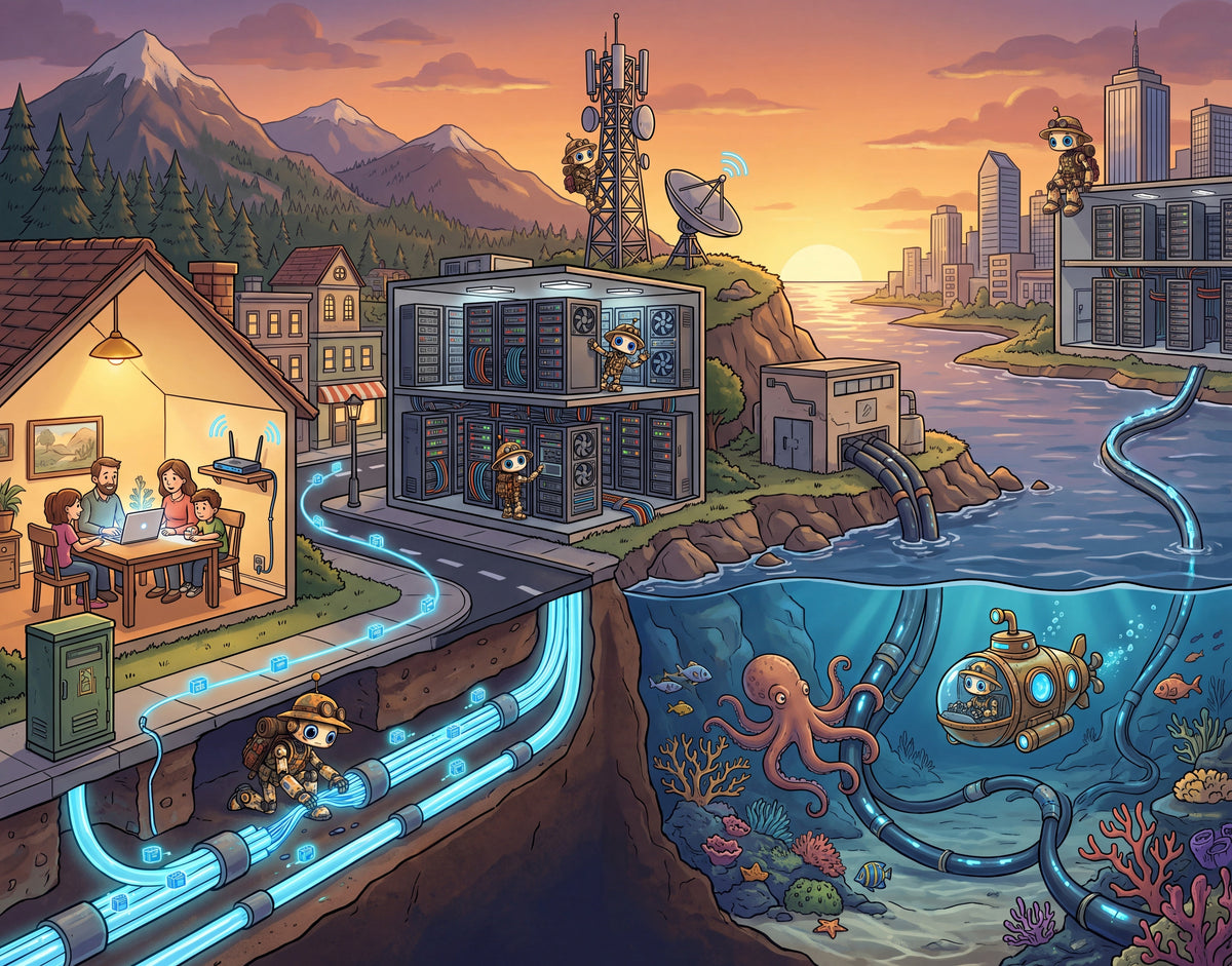 Full artwork: Binxie's Map of the Internet, a cutaway from a home to a data centre, undersea cables and another continent