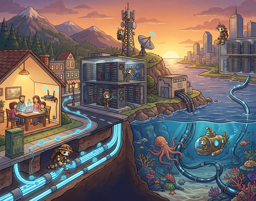 Full artwork: Binxie's Map of the Internet, a cutaway from a home to a data centre, undersea cables and another continent