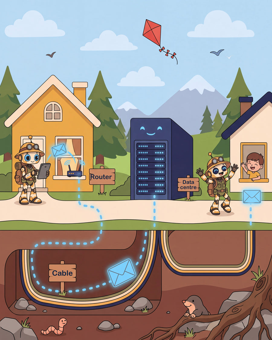 Full artwork: Binxie Sends a Message, from home through the router, an underground cable and a data centre to a friend's house