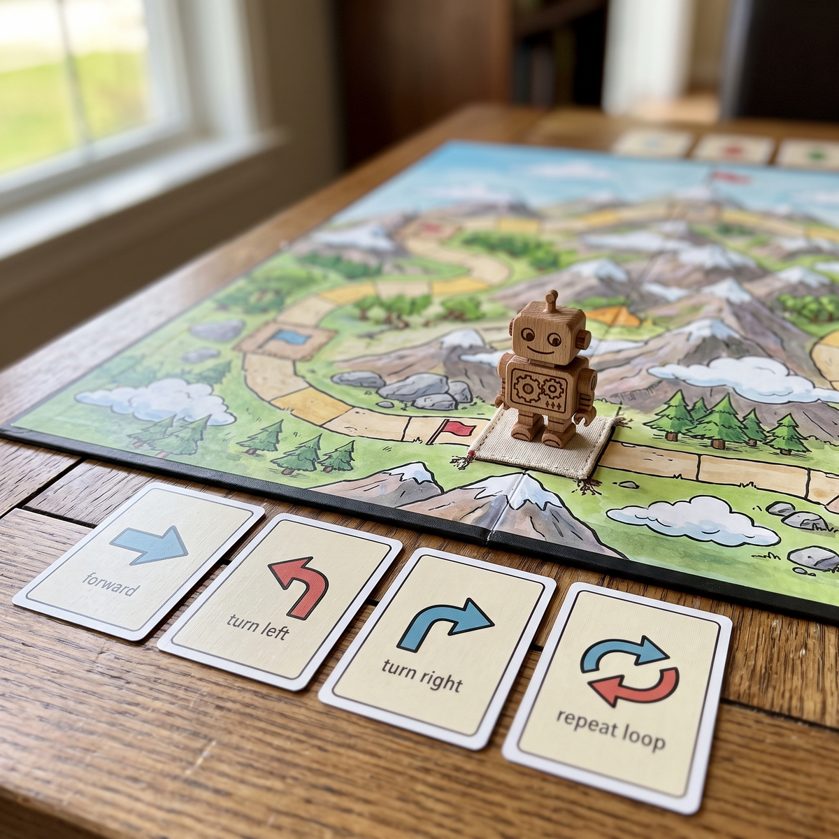 Robot pawn at the summit with forward, turn left, turn right and repeat loop cards