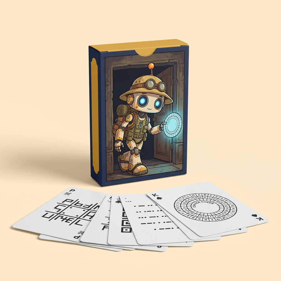 Binxie Secret Code Kit card box with Binxie holding a glowing cipher wheel, and a fan of code cards