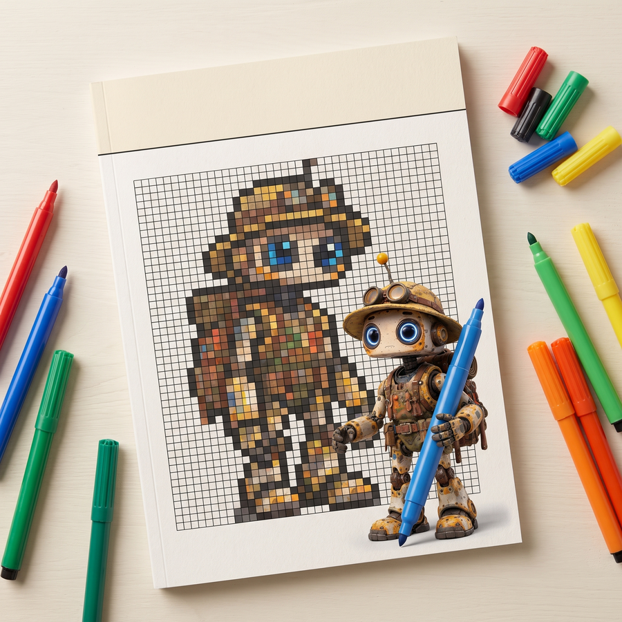 Binxie Pixel Art Book cover: a half-coloured pixel Binxie on a grid, with Binxie holding a giant marker