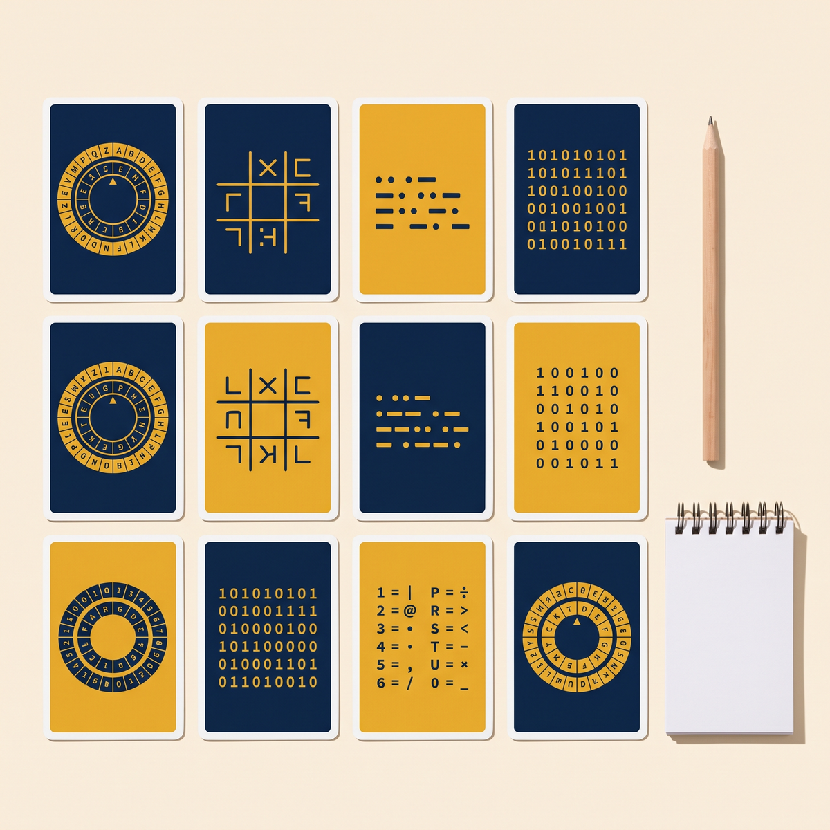 Code cards laid out: cipher wheels, pigpen grids, Morse code and binary