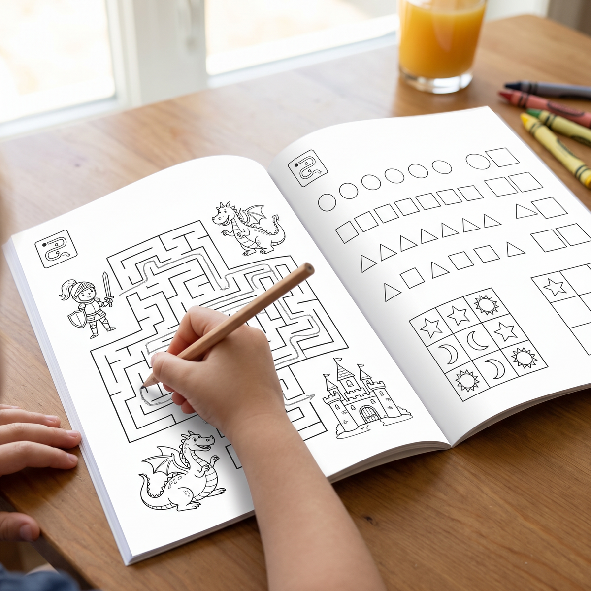 Inside the book: a maze, shape patterns and a grid logic puzzle
