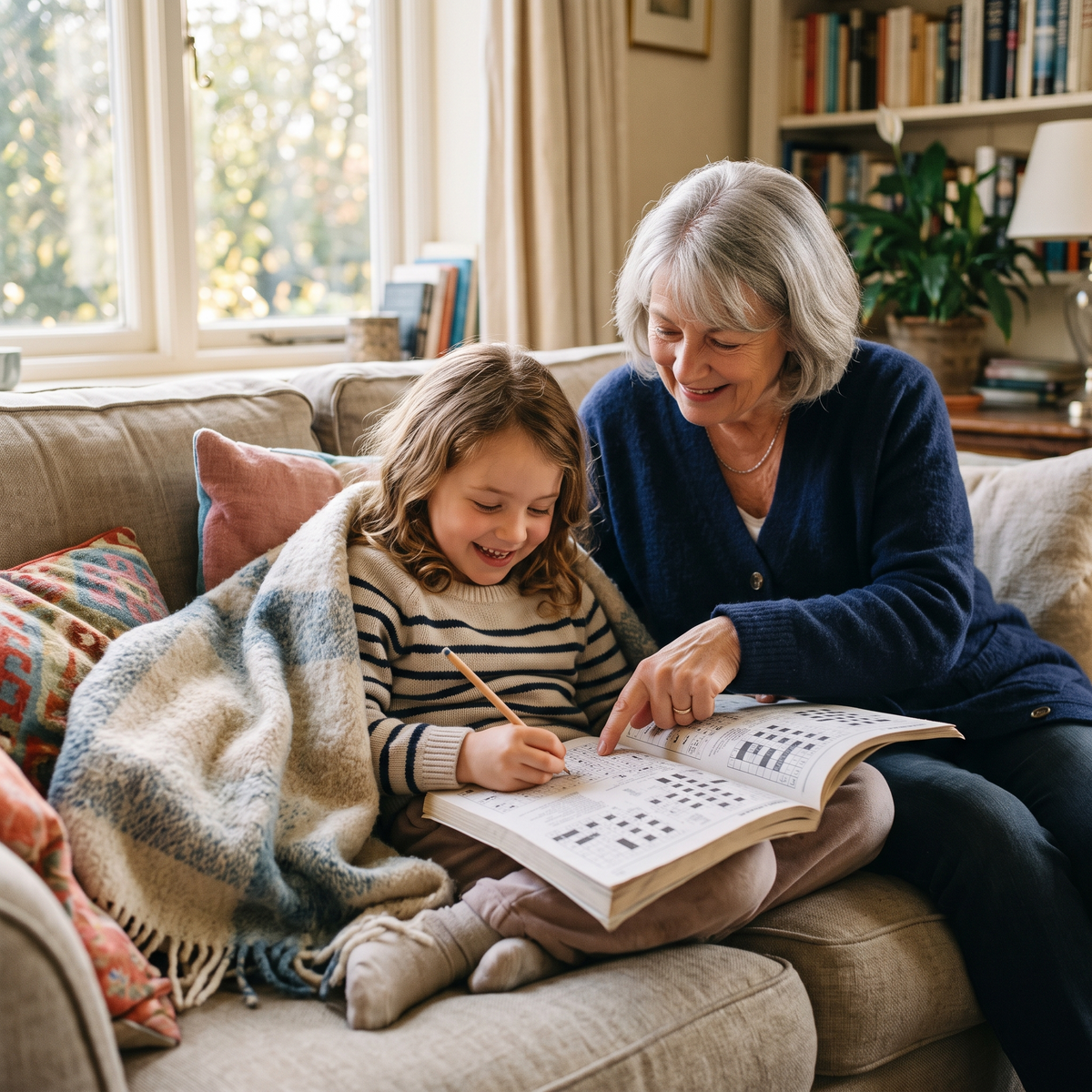 A child and grandparent solving puzzles together on the couch