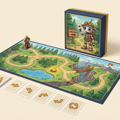 Binxie Code Quest: mountain trail game board, robot pawn, arrow instruction cards and game box