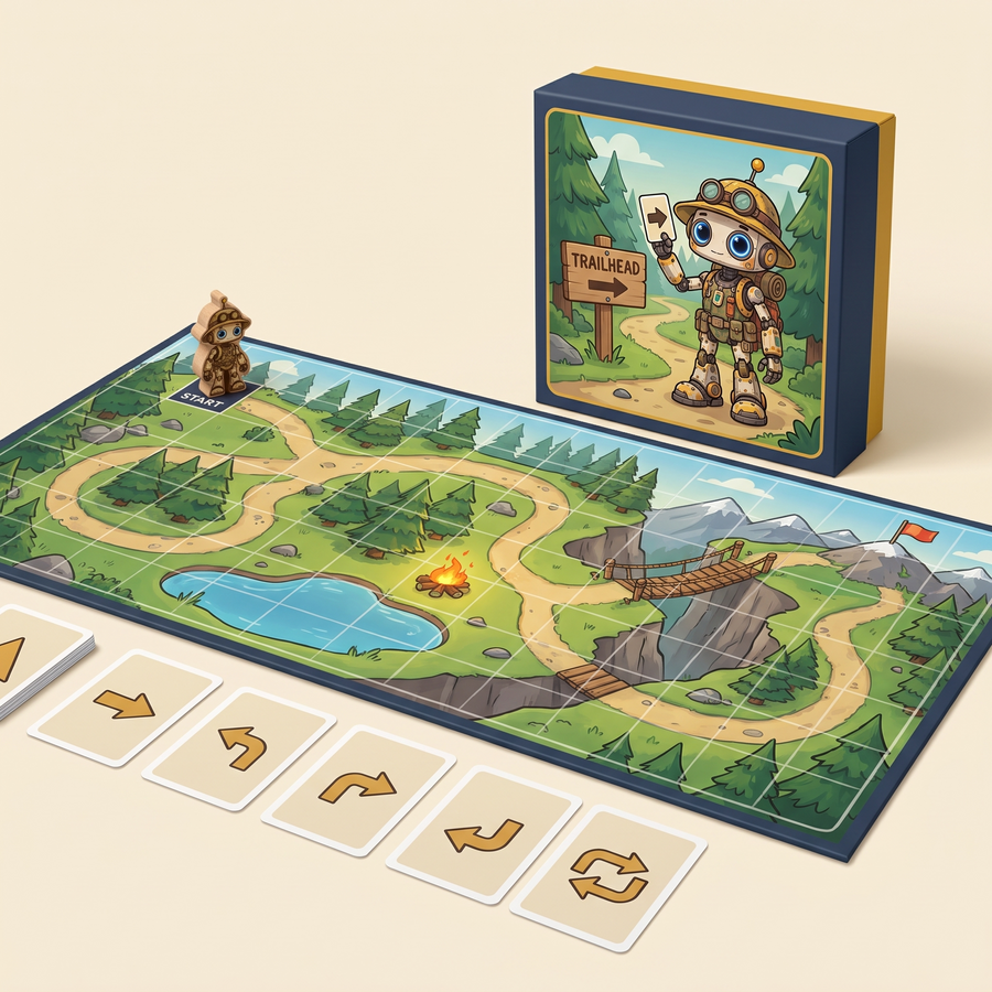 Binxie Code Quest: mountain trail game board, robot pawn, arrow instruction cards and game box