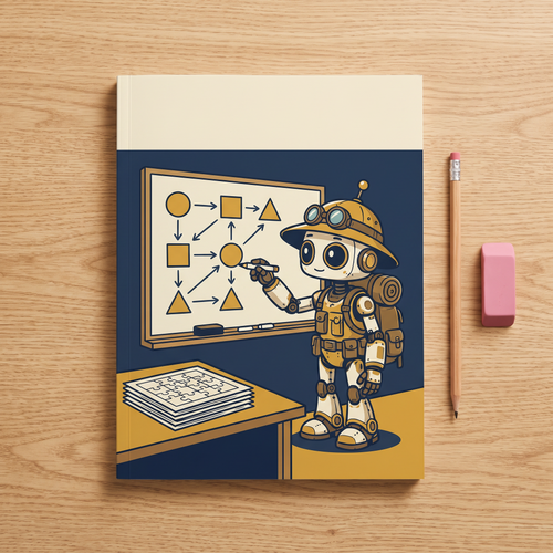Binxie Logic Puzzle Book cover: Binxie drawing arrows between shapes on a whiteboard