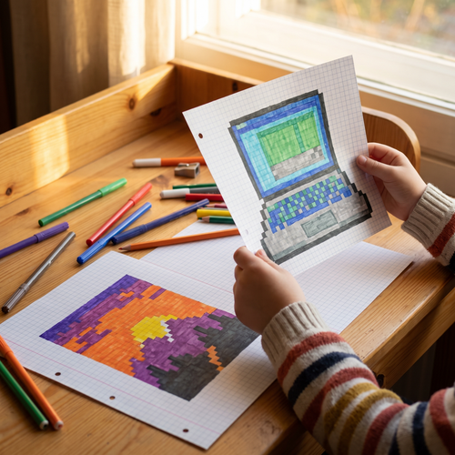 Finished pixel-art pages: a laptop and a mountain sunset, with markers