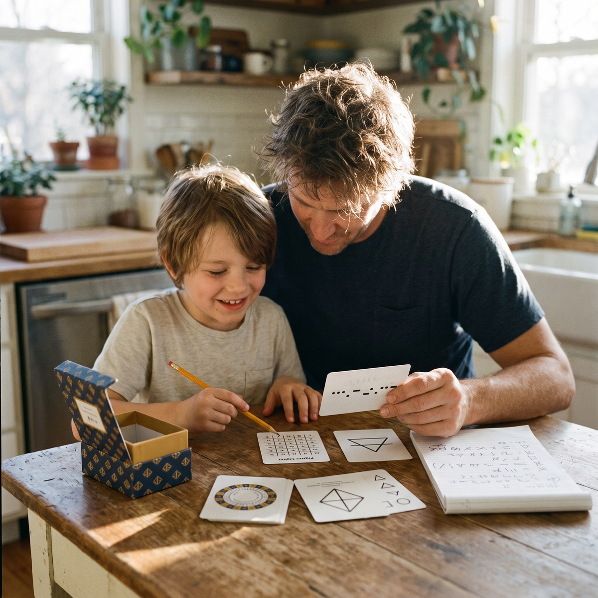 A child and parent cracking a secret code together at the kitchen table