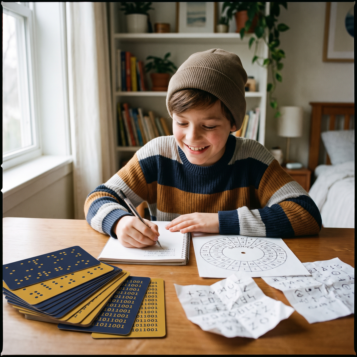 A child decoding a secret binary message at a desk